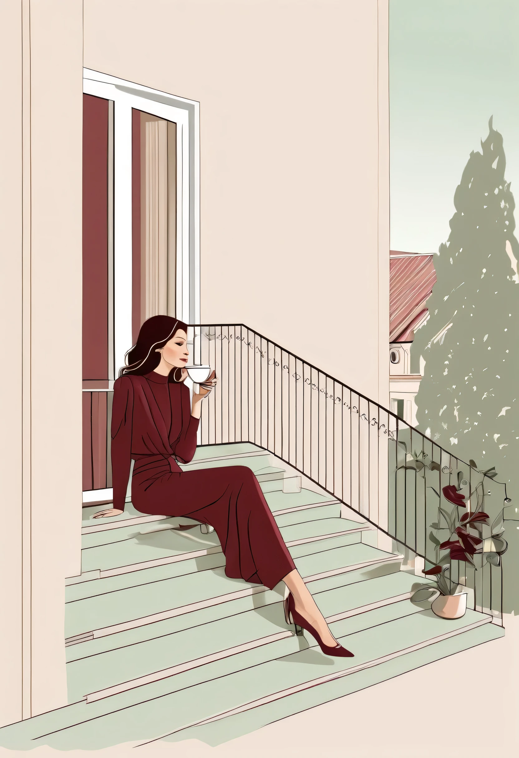modern style architectural illustration, luxury, beautiful details, stairs, Burgundy, Sage Green, Beige, someone sitting on the balcony drinking coffee.