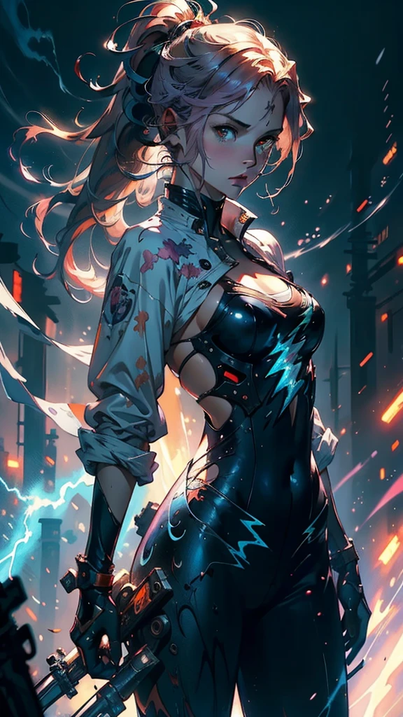 (masterpiece), anime, (photo_\(medium\):1.0), by Antonio J. Manzanedo, by Jeremy Lipking, 1girl, lightning, in a surreal landscape, painting style with watercolor, brushstrokes, unbuttoned, orange eyes, ponytail, pink hair, cyberpunk, japanese clothes