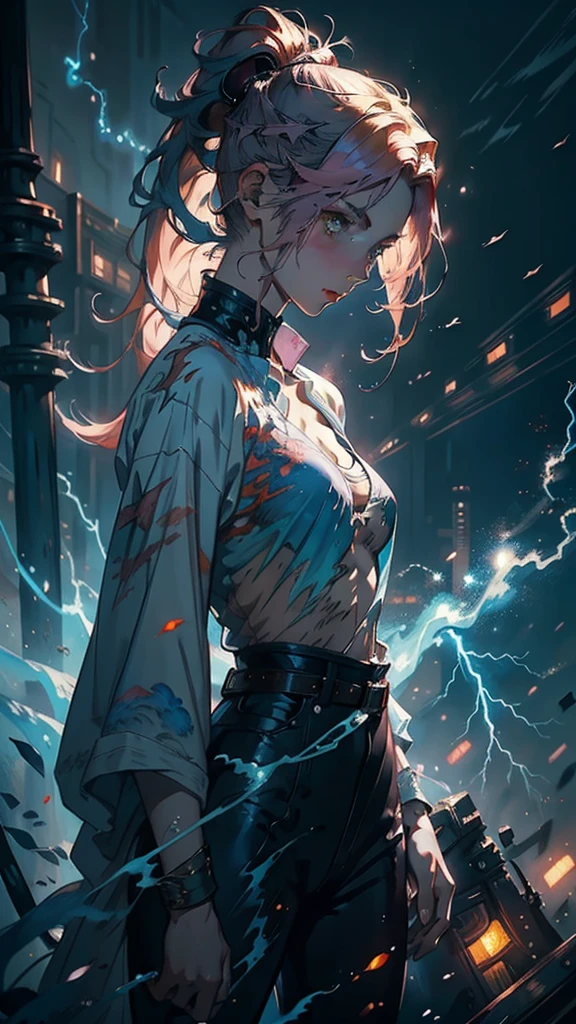 (masterpiece), anime, (photo_\(medium\):1.0), by Antonio J. Manzanedo, by Jeremy Lipking, 1girl, lightning, in a surreal landscape, painting style with watercolor, brushstrokes, unbuttoned, orange eyes, ponytail, pink hair, cyberpunk, japanese clothes