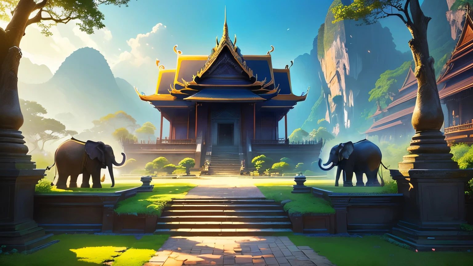 there are two elephants standing on the steps in the park, background art, background artwork, ross tran. scenic background, concept art wallpaper 4k, anime background art, anime landscape wallpaper, amazing wallpaper, avatar landscape, andreas rocha style, environment design illustration, landscape wallpaper, anime landscape, game background, beautiful wallpaper, anime scenery concept art, temple background, cartoon scene of a Thailand forest with a garden and a forest , two thailand elephant stone, Thai garden forest with stone yard and temple background, royal garden background, light kingdom backdrop, background art, a wide open courtyard in an epic, loadingscreen, background artwork, stylized concept art, background depicting garden with stone yard and a temple around, epic background, relaxing concept art, splash screen art, thailand concept, thailand style