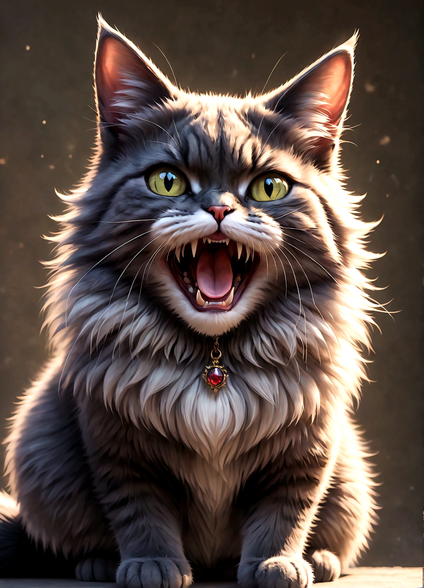 Photo of a cat that hates humans,(Cat 1,Photoreal,focus on reality,disgust that cannot be hidden,((Sense of distrust)),((anger)),((disgust)),cat with open mouth,cat showing fangs,cat's threatening behavior),cat is looking straight ahead,glare,Saying "I hate you!",fluffy cat,anatomically correct