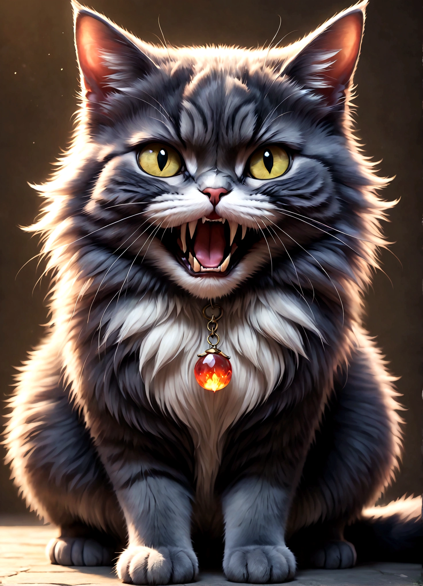 Photo of a cat that hates humans,(Cat 1,Photoreal,focus on reality,disgust that cannot be hidden,((Sense of distrust)),((anger)),((disgust)),cat with open mouth,cat showing fangs,cat's threatening behavior),cat is looking straight ahead,glare,Saying "I hate you!",fluffy cat,anatomically correct