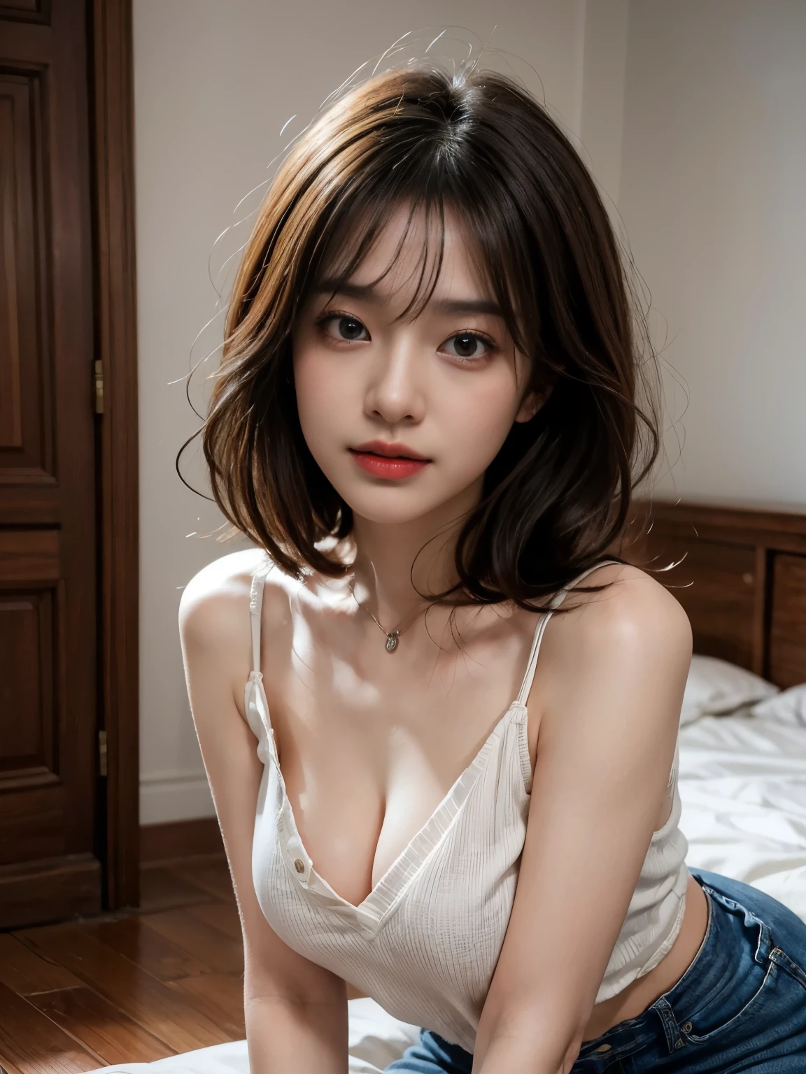 (masterpiece:1.3), (8k, Photorealistic, Raw photo, Best image quality: 1.4), Japanese 、(Random Hairstyles:1.2)、Cleavage:1.2、Super detailed face、Attention to detail、double eyelid、Put your arms on your chest、Sharp focus:1.2、Beautiful woman:1.4、Light brown hair、highest quality、masterpiece、超A high resolution、(Photorealistic:1.4)、Highly detailed and professional lighting、Loose, lightweight knitwear、Shoulders out、thin、Serious expression、Short-haired、Cowboy Shot、On all fours、No bra、Please sit down and put your hands out in front of you.