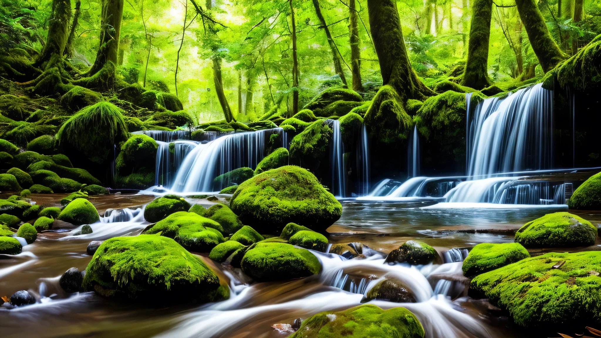 A lush forest with a clear, bubbling brook, sunlight filtering through the trees, moss-covered rocks, vibrant greenery, serene and peaceful nature scene, realistic depiction