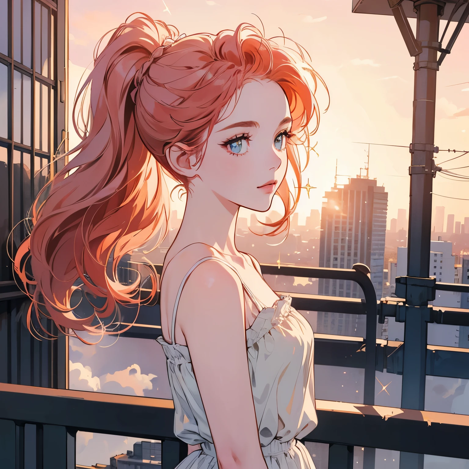 Upper body, 1 Woman, Top Quality, 14k, wind blowing, white camisole, sunset, skyscraper, power lines, crosswalk, sign,(((sparkling eyes))), (((mysterious))), Pale red hair, detailed hair, detailed background, top quality, light lighting, backlight, dim, clouds, front, (((overhead shot))), looking at viewer backlight, dim, clouds, frontal face, looking at viewer,(((Various hairstyles))),Very beautiful women, Noble,Apartment balcony,Various angles