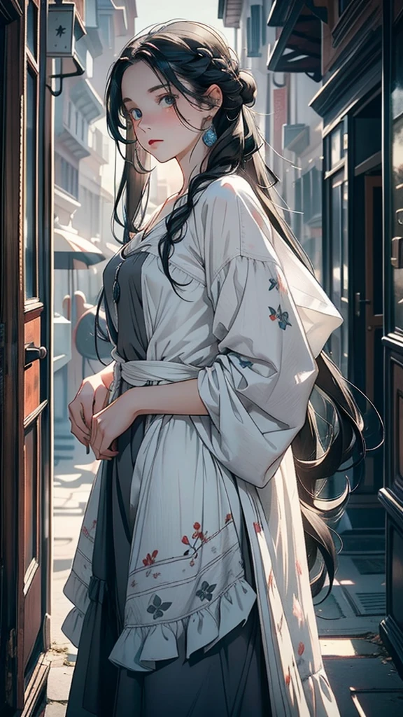 Young white girl with long black hair white lock on the left side of her hair dressed in old and antique grayish blue