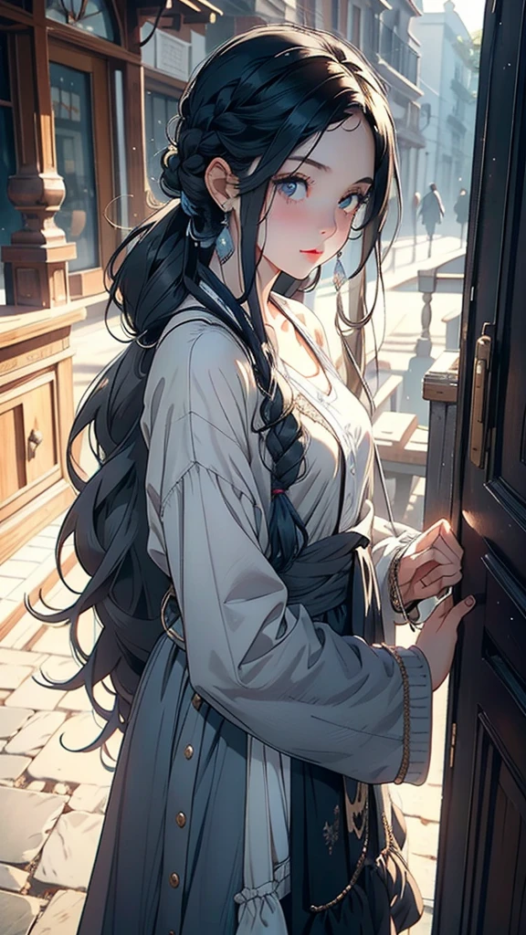 Young white girl with long black hair white lock on the left side of her hair dressed in old and antique grayish blue