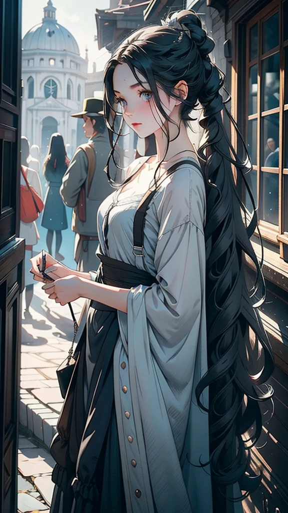 Young white girl with long black hair white lock on the left side of her hair dressed in old and antique grayish blue