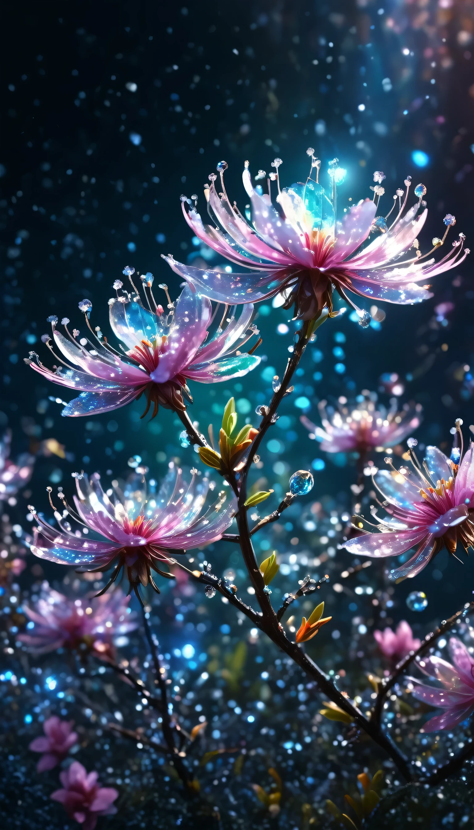 Crystal Spring Blossom,
fantasy, galaxy, transparent, 
sparkling, sparkling, brilliant, rich and colorful, 
Amazing photography, Dramatic Lighting, Photo realism, Extremely detailed, 4k, Depth of Field, High resolution