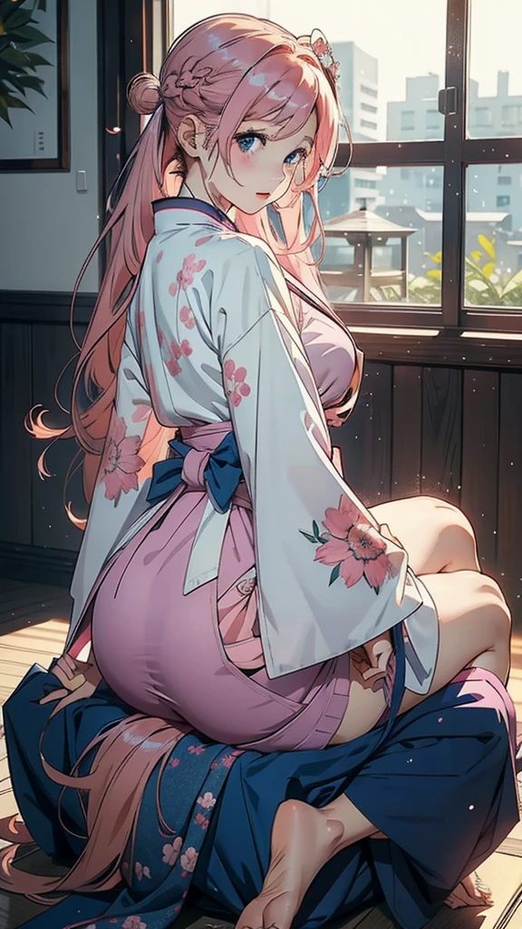 akari watanabe, long hair, solo, PERFECT ANATOMY,  pink hair, blue eyes, looking at viewer, round ass, thicc thighs, 1girl, sitting, tight hakama