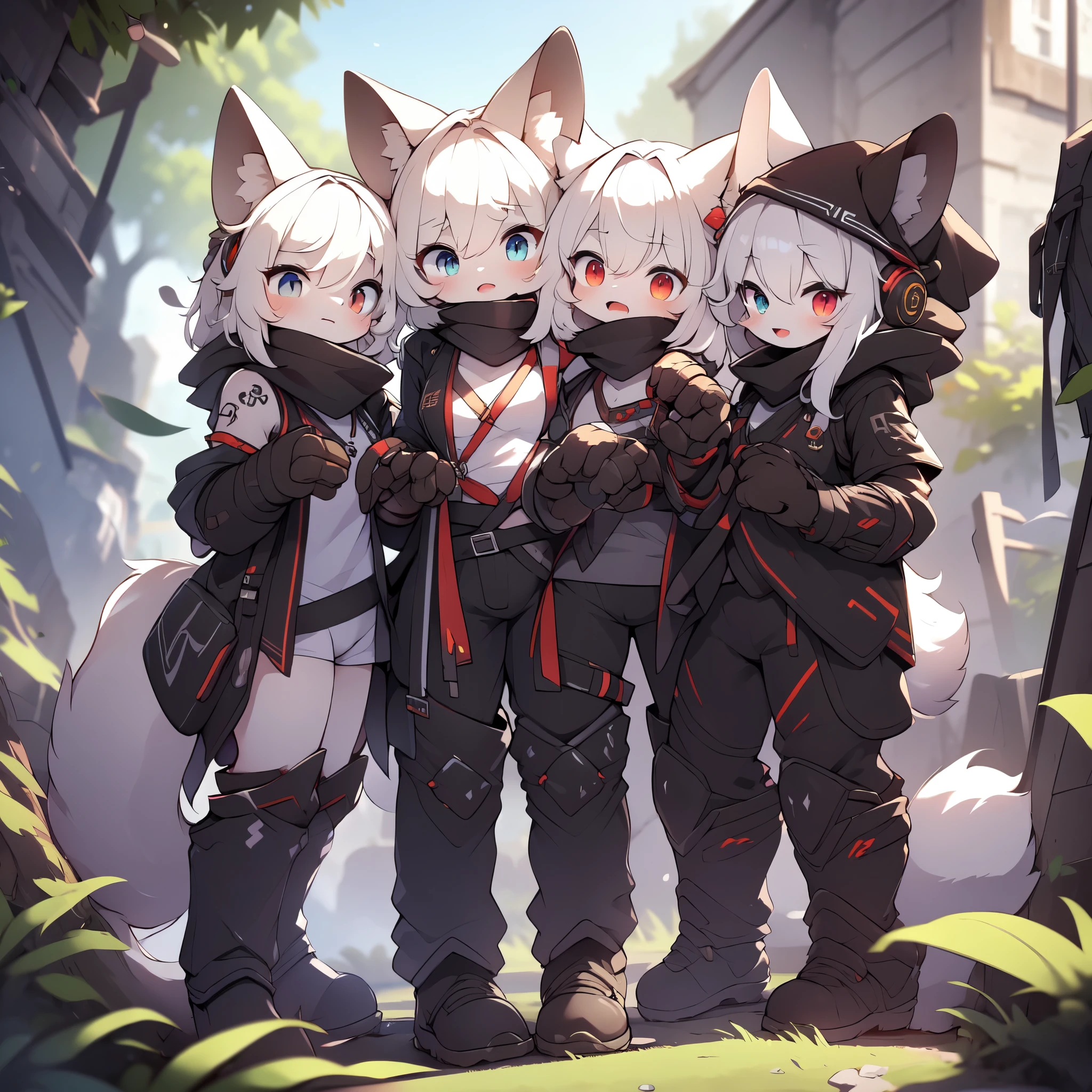Kawaii, Striped Fluffy Fox, emaciated, long hair, 3girls, artificial synthetic skin, life support prosthetics, digital headphones, black tight latex bodysuit, white long dress, thigh-high-socks, shorts, loose off-the-shoulder hood open jacket, holsters in thigh, Mechanical boots, tactical knee pads, tactical belted loose Arm Sleeves, cybernetic Display gloves, chest rigs, tactical belts, blue archive halo, bulletproof goggles on forehead, from Ark nights, ray tracing, depth of field, bloom, masterpiece, ccurate, high details, highres