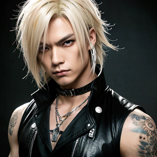 1 japanese male rocker, asien eyes, Visual Kai hairstyle, ultra detailed face and body, hyperrealistic, realistic representation, muscular, broad shoulders, tattoos gothic style, piercings, Visual Kei style, hairstyle Visual Kei, blond, 40 years old, age 40 outfit gothic streampunk, men's shirt and black pants, Asian eyes, eyes Asian, long hair, long hair