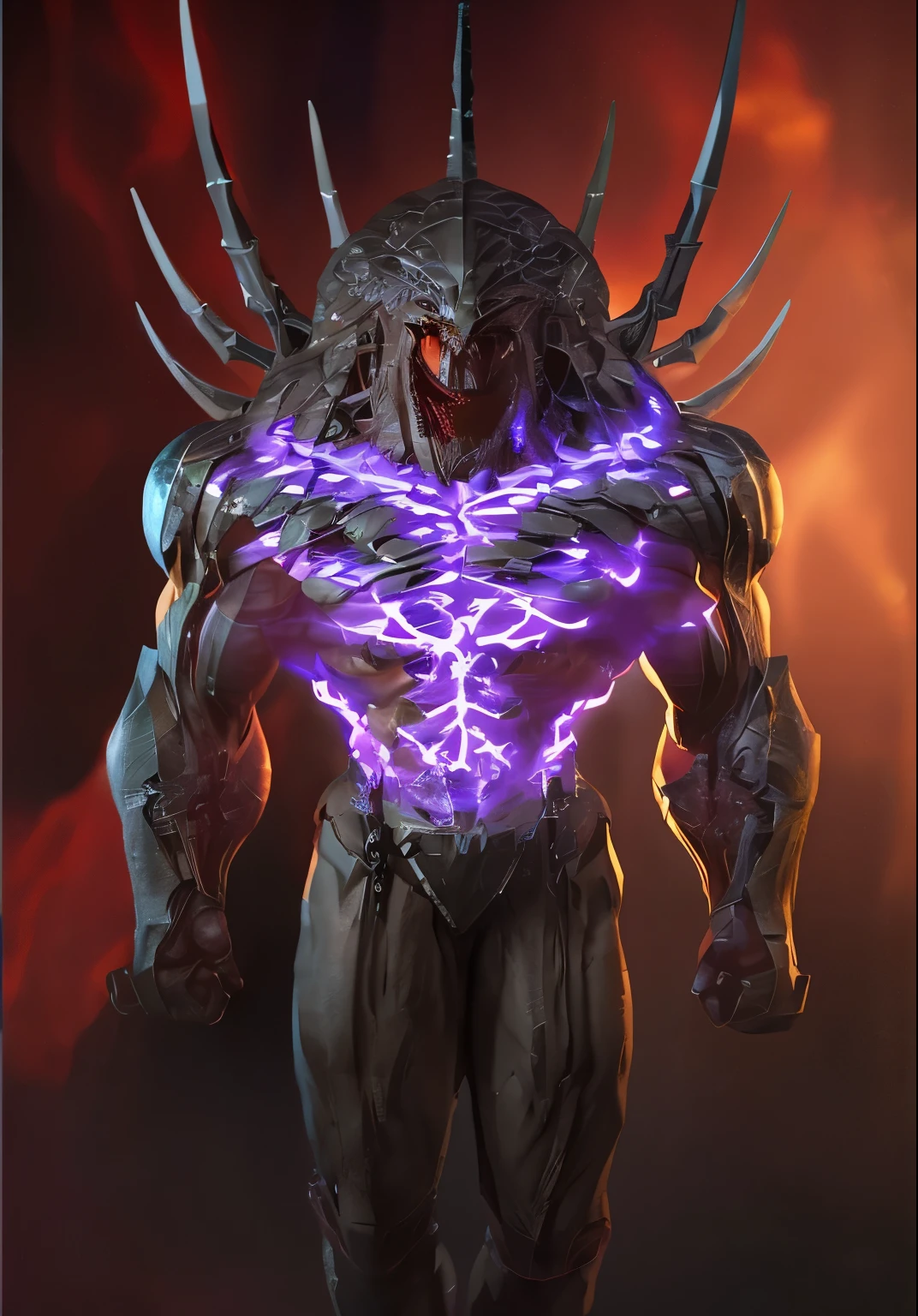 Enhance the base image by making the character appear more powerful and intimidating. Add detailed armor, glowing eyes, and a more muscular build. Include dramatic lighting and a dynamic pose to emphasize strength and dominance.