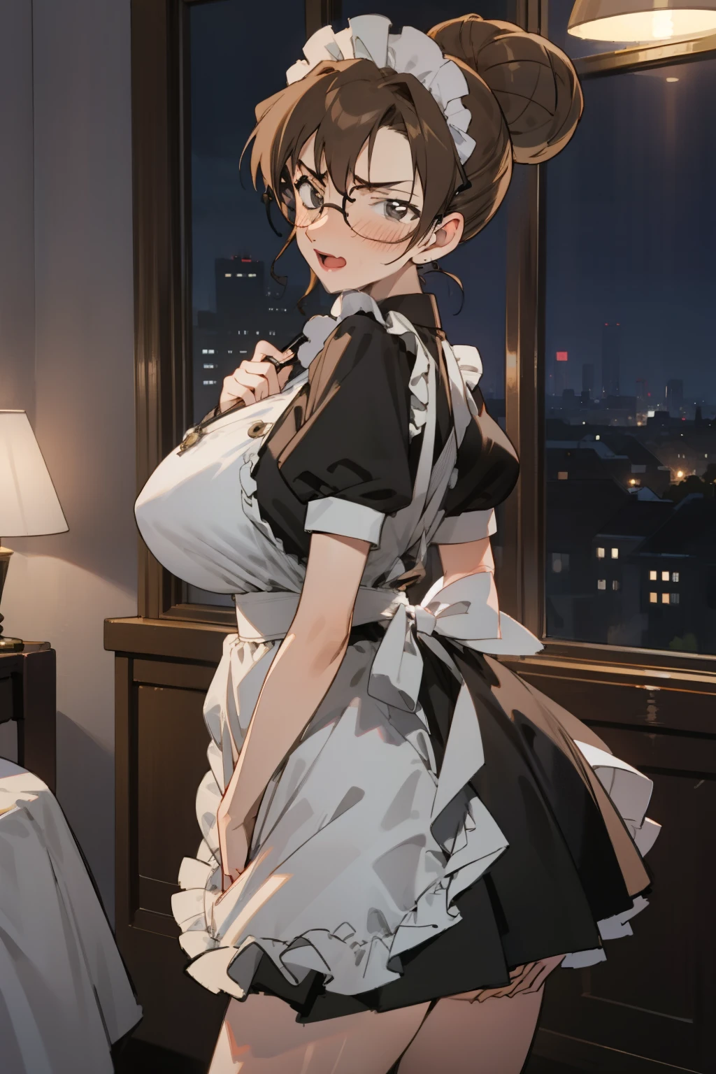 Night time,(Masterpiece), Best Quality, ultra-detailed, 1girl (eri, Slender and sexy body, huge breasts, wide hips, brown hair, single hair bun, brown eyes, spectacles), a weary face, open mouth, nose blush, blush , solo, maid (black), frill, apron, long skirt, maid headdress, ultra mini skirt, black lace panties, in the bedroom, standing, skirt tug, looking back