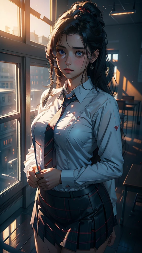 a women kiara wearing a tie, cupcake in her hands, school, indoors, (soothing tones:1.25), (hdr:1.25), (artstation:1.2), dramatic, (intricate details:1.14), (hyperrealistic 3d render:1.16), (filmic:0.55), (rutkowski:1.1), (faded:1.3)