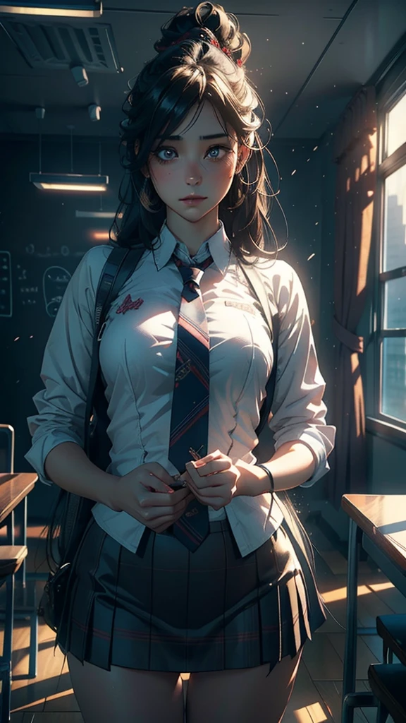 a women kiara wearing a tie, cupcake in her hands, school, indoors, (soothing tones:1.25), (hdr:1.25), (artstation:1.2), dramatic, (intricate details:1.14), (hyperrealistic 3d render:1.16), (filmic:0.55), (rutkowski:1.1), (faded:1.3)