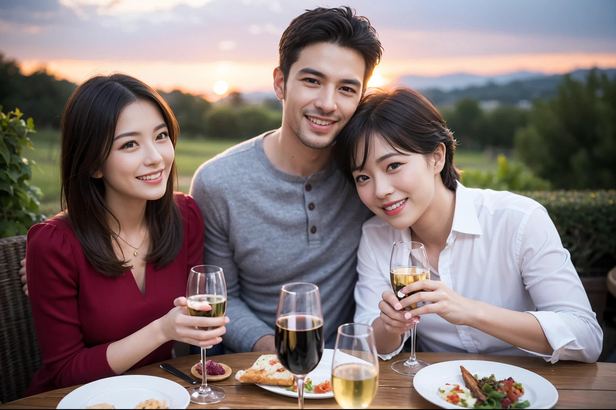 ((highest quality、8k、masterpiece:1.3))、 (Realistic, Real、Bright image、Intricate details:1.2), Best smile 1 man 1 woman、Beautiful couple、lover、couple、spouse、Beautiful couple、Happy smile、full-course dinner、 (Slim face), (Slim Body), (Brown Hair), (Short Hair), テーブルの上のwine glass、Please put light on my face、 Amazing view of the sunset sky and clouds、 (Age 44), 41 years old, red wine 、Appetizers、Wine bottle、sparkling wine、Long sleeve shirt、dress、White wine, red wine, wine glass,