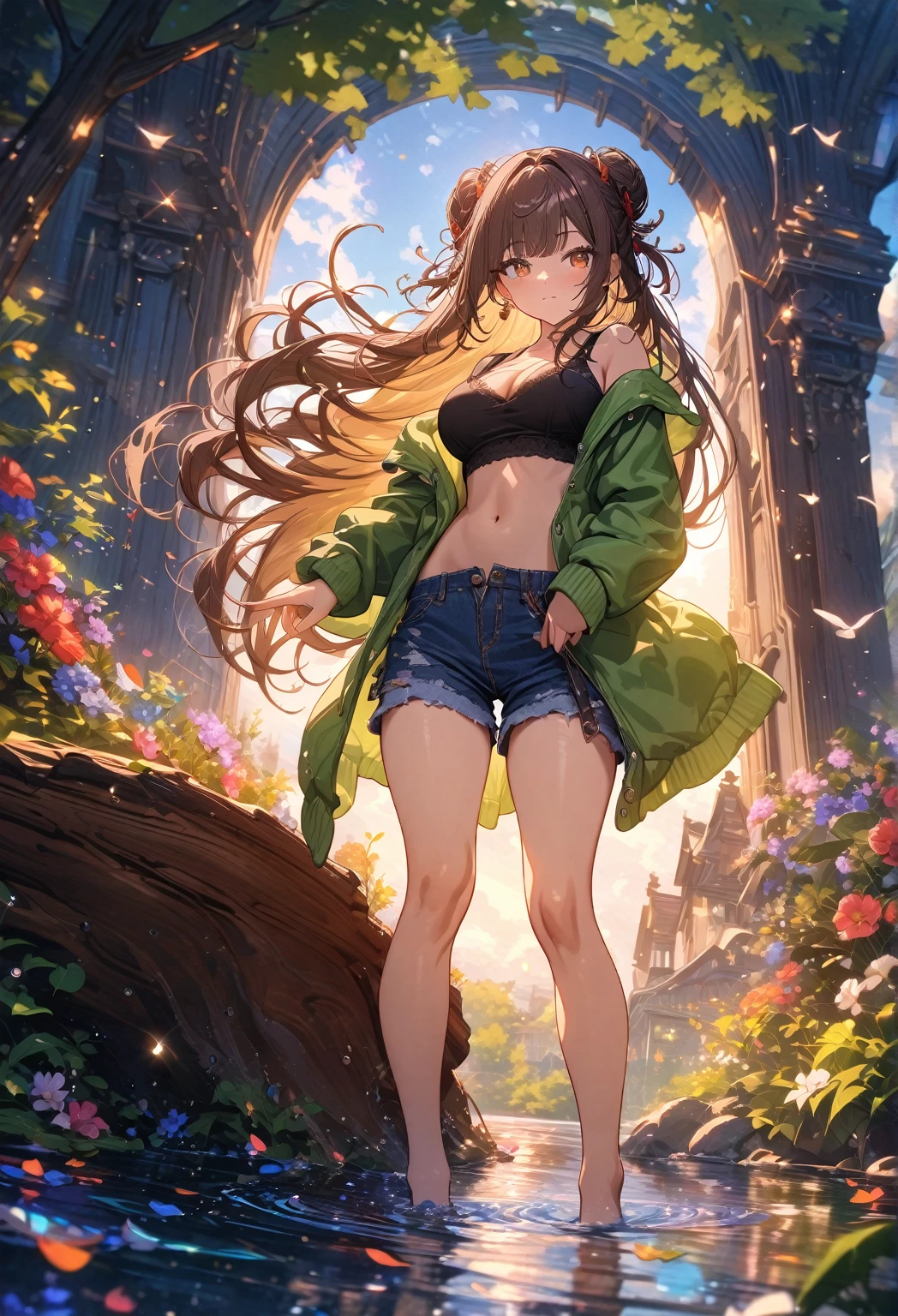((masterpiece), best quality, very aesthetic, newest, absurdres, detailed, high quality), highest quality, highres, ultra fine painting, digital art, official art, cinematic, 4k, 8k resolution, 8K CG wallpaper, CG, (top quality, details:1.37), detailed background, High Dynamic Range, blurry background, golden hour, blue hour, Starburst effects, crepuscular rays, good ISO, high resolution, wide shot, from far away, epic lighting, RAW photo, POV, sharp focus, lens flare, light reflection, reflections, light source, intricate details, hard light, particle noise, professional photography, bokeh, depth of field, good lighting, hard colors, looking away, detailed lights and shadows, stylish, ultra-detailed, Pixiv, trending art, niji style, modern-days, master crafted, pose, solo, 1girl, a girl, correct fingers, detailed eyes, (medium big breasts:1.2), big thighs, short torso, flushtered, casual, (cute, slim), childish face, nice hips, nice body, brown hair, (long flowing hair:1.1), big twin buns hairstyle, long bangs, long hair, middle hair bangs, brown eyes, dynamic pose, full body, (black tank top visibly undone shoulder strap:1.8, off shoulder open green hoodie, tummy skin:1.1, open unbuttoned shorts, outfit ornaments), flower garden, grass, flowers, tress, plants, puddle, birds, animals, clouds, branches, tree log, tree stump, outdoor, landscape, open field, forest area