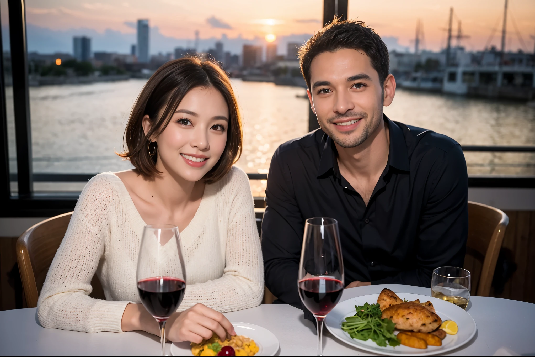 ((highest quality、8k、masterpiece:1.3))、 (Realistic, Real、Bright image、Intricate details:1.2), Best smile 1 man 1 woman、Beautiful couple、lover、couple、spouse、Beautiful couple、Happy smile、full-course dinner、 (Slim face), (Slim Body), (Brown Hair), (Short Hair), テーブルの上のwine glass、Please put light on my face、 Amazing view of the sunset sky and clouds、 (Age 44), 41 years old, red wine 、Appetizers、Wine bottle、sparkling wine、Long sleeve shirt、dress、White wine, red wine, wine glass, 
