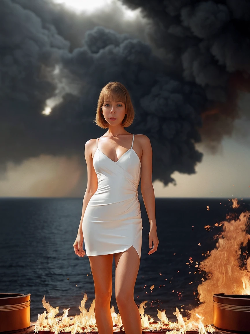 A beautiful, tall 28-year-old British woman with short bob hair., Jenny Agutter, Gorgeous Dress, I have dynamite, Standing on the deck of a burning luxury cruise ship, Full body angle, An explosion and flames burst into flames, scattering debris., National Geographic Photos, Elevation, Art inspired by Gregg Lutkowski, Perfect Female Anatomy, Art Station HQ Art Germ with trendy sharp focus and smooth finish