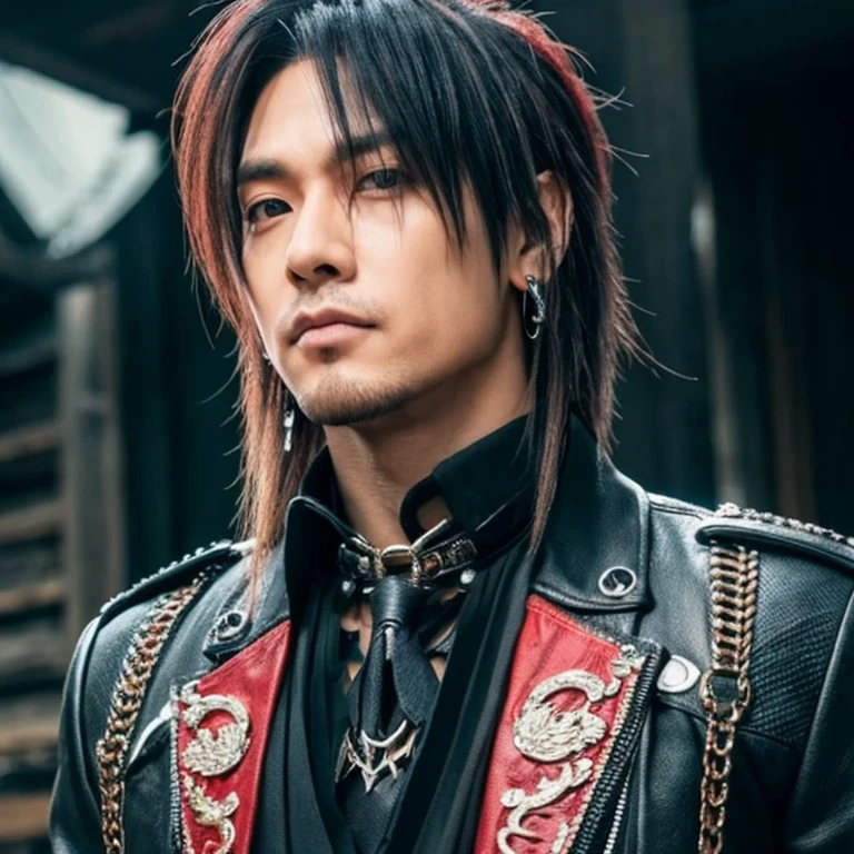 1 japanese male rocker, asien eyes, Visual Kai hairstyle, ultra detailed face and body, hyperrealistic, realistic representation, muscular, broad shoulders, tattoos gothic style, piercings, Visual Kei style, hairstyle Visual Kei, blond, 40 years old, age 40 outfit gothic streampunk, men's shirt and black pants, Asian eyes, eyes Asian, long hair, long hair