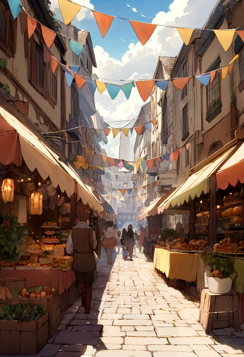 ((((masterpiece, Best Quality, High resolution)))), High detail, manga,anime,Illustrated style,Use of bright colors,Ghibli Studio「Howl's Moving Castle」The colors are like those used in daytime scenes.,Medieval European fantasy worldview, Christmas Market Square during the day, Bustling food stalls,Many food stalls are lined up,There aren't many people,人の着ている服はGhibli Studioの魔女の宅急便のような雰囲気,Festival in the Square, Beautiful fountain, RPG-like scenery, Colorful tent stalls.Delicious food is on sale, The sky is bright blue、Fluffy white clouds floating, And the sun is shining brightly, Create a magical and cozy atmosphere.