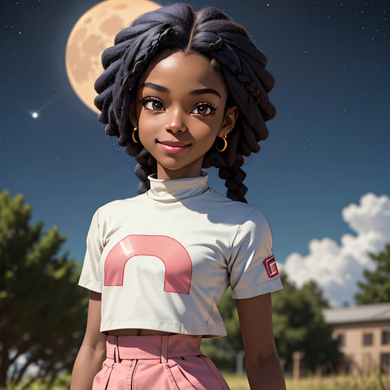 masterpiece, best quality), deep ebony 1girl, beautiful face, short Afro braids , cute, , beautify, Lofi vibe,, cute day vibe, concentrated, hands outside of the picture, Pokemon vibe , team rocket cosplay clothing, cute look, clothing is dry and baggy, small breasts, teen vibe, cute smile,  moon background, 