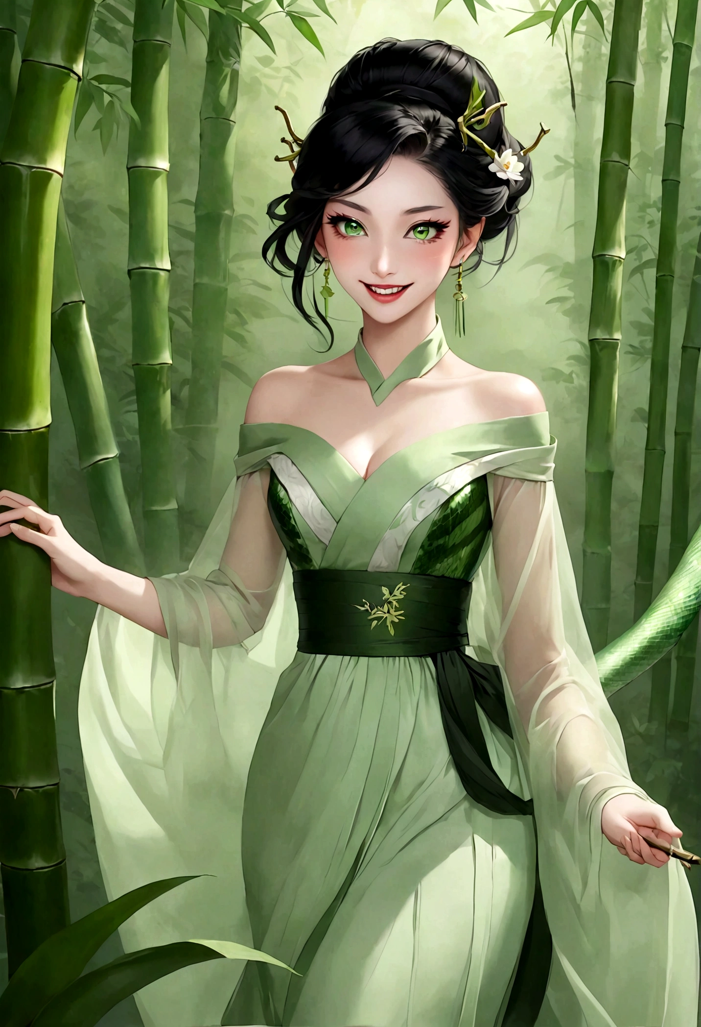 Sexy green snake demon，Human snake tail，laughing out loud，Fangs，Black hair - short front and long back - neat，Green eyes，Thin eyebrows，bamboo forest，Light tulle off-shoulder Hanfu
