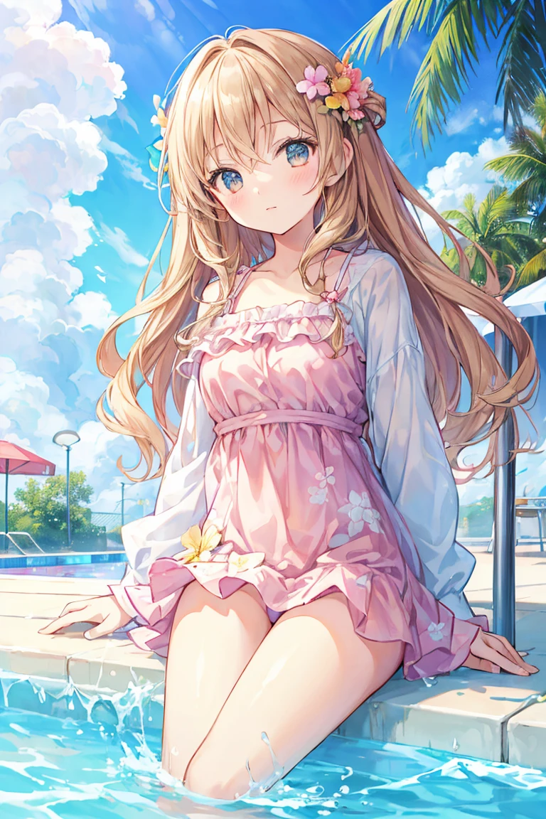 Beautiful illustration, best quality, cute girl, ((on the side of a pool)), clouds in the sky, pastel color, natural tones, nature, brown long hair, floral swimsuit, happy, bright lighting, big eyes