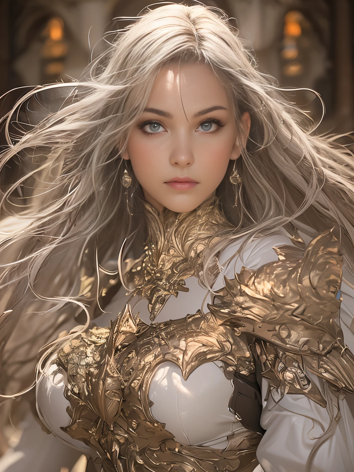 (8k, highest quality, masterpiece: 1.2), (Realistic, photoRealistic: 1.37), Super detailed, One Girl, Paladin with a sword imbued with light, Wide viewing angles, huge firm bouncing bust, Very delicate depiction, Miniature painting, Detailed depiction of the face, Detailed depiction of hair, Accurate skeleton, Dress with intricate patterns, Complicated armor, long thick sword