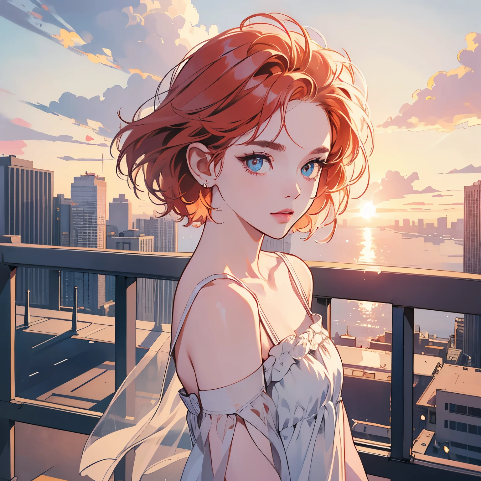 Upper body, 1 Woman, Top Quality, 14k, wind blowing, white camisole, sunset, skyscraper, power lines, crosswalk, sign,(((sparkling eyes))), (((mysterious))), Pale red hair, detailed hair, detailed background, top quality, light lighting, backlight, dim, clouds, front, (((overhead shot))), looking at viewer backlight, dim, clouds, frontal face, looking at viewer, Very beautiful women, Noble,Apartment balcony,Various angles,Short hair