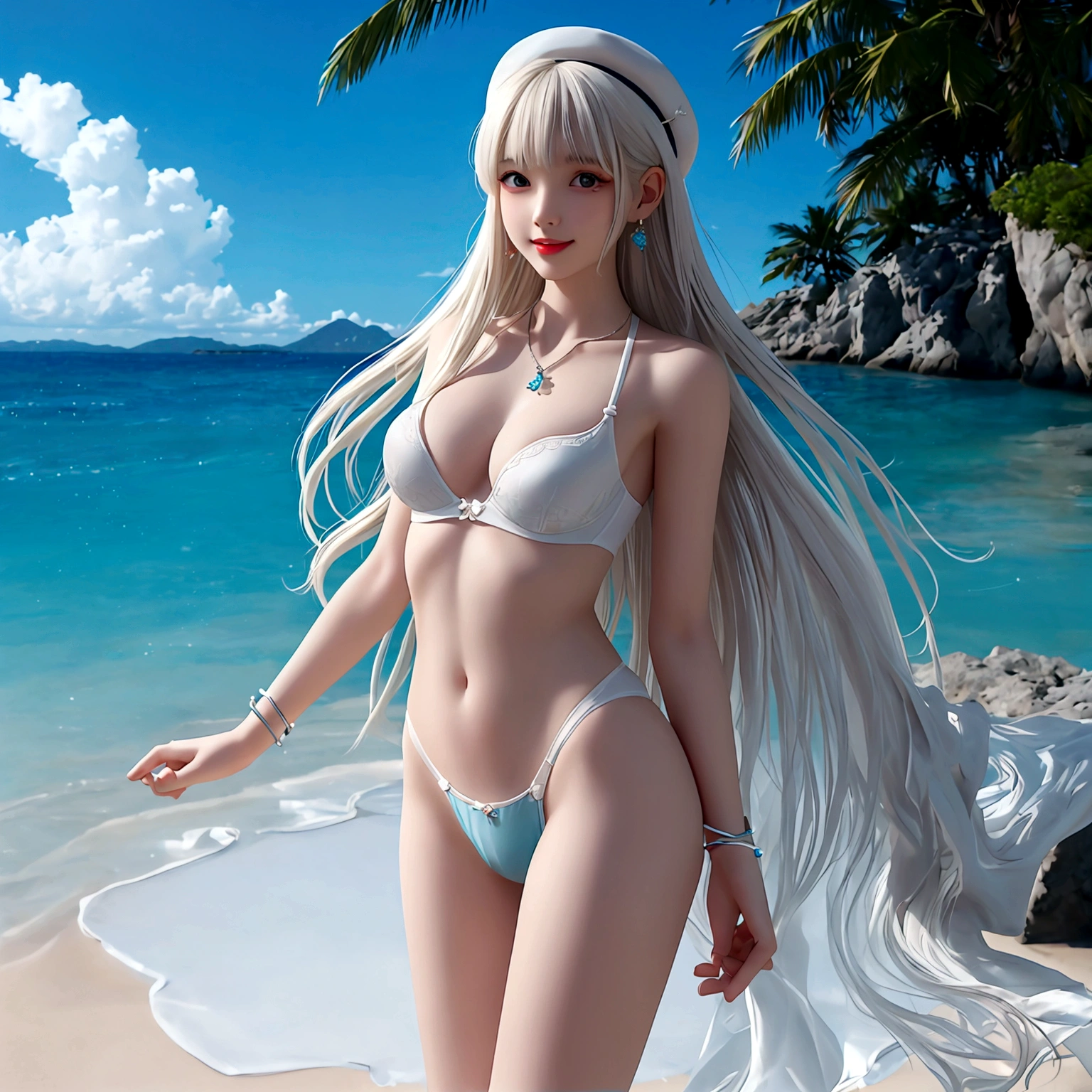 white blonde hair、 （（ Transparent bra and panties are sexy and gorgeous.））、(Bright, colorful bras and panties.) 、a lot、 Shiny skin、 white skin、 smile、 Beautiful bangs、 long and straight、 shiny hair、 Extra long, straight hair、 eyeliner、 small face、 Big, firm breasts、 Eyes as blue as crystal clear sea water.、 Shining beautifully、 earring, pendant, Hats and bracelets hang from ears.、Beautiful and smart girl、 Play in the water at the outdoor beach and take full-length photos.、 Looking to the future