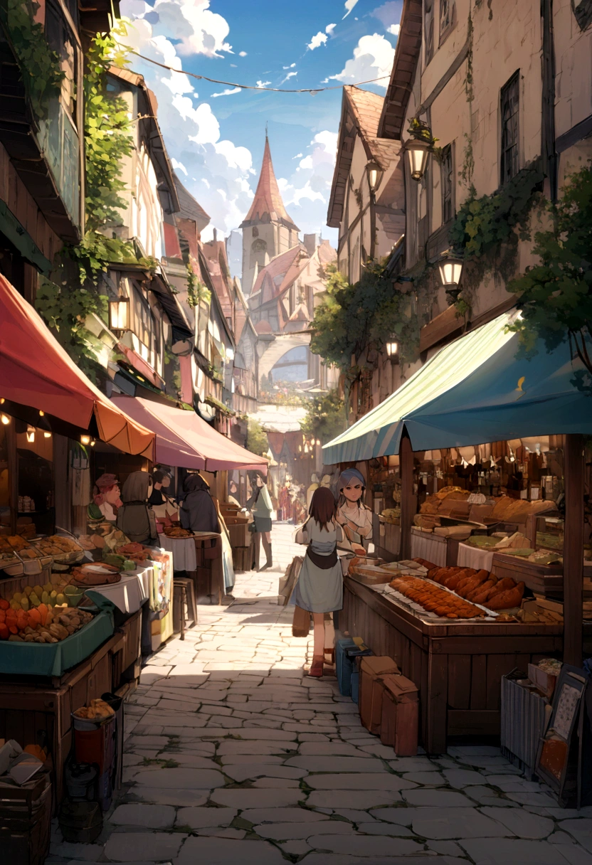 ((((masterpiece, Best Quality, High resolution)))), High detail, manga，anime，Illustrated style，Use of bright colors，Ghibli Studio「Howl&#39;s Moving Castle」The colors are like those used in daytime scenes.，Medieval European fantasy worldview, Christmas Market Square during the day, Festival in the Square, Beautiful fountain,Bustling food stalls,Many food stalls are lined up，There aren&#39;t many people，人の着ている服はGhibli Studioの魔女の宅急便のような雰囲気， RPG-like scenery, Colorful tent stalls.Delicious food is on sale, The sky is bright blue、Fluffy white clouds floating, And the sun is shining brightly, Create a magical and cozy atmosphere.