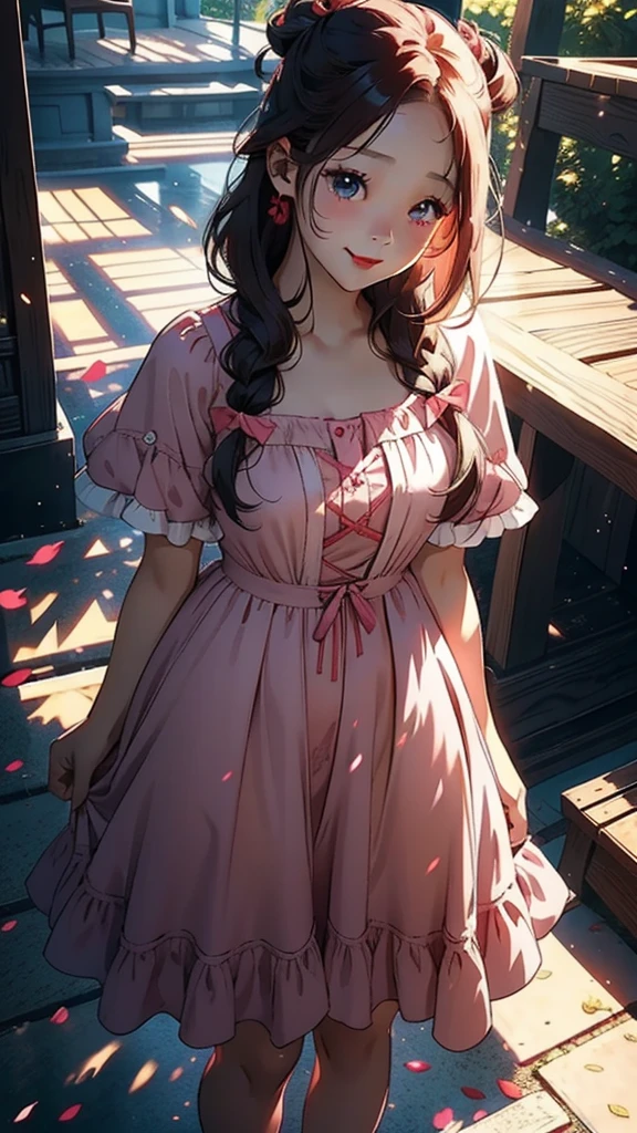 one girl, sunny day, summer dress,(jang wonyoung), long hair, pink frilly clothes, smiling, red lips, light and shadow
