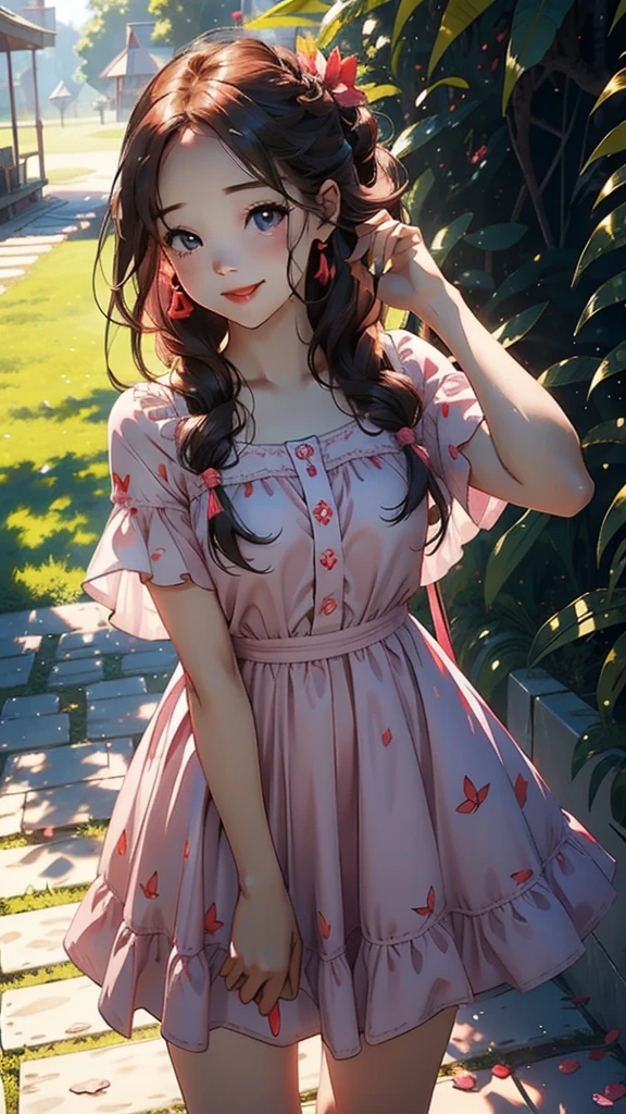 one girl, sunny day, summer dress,(jang wonyoung), long hair, pink frilly clothes, smiling, red lips, light and shadow