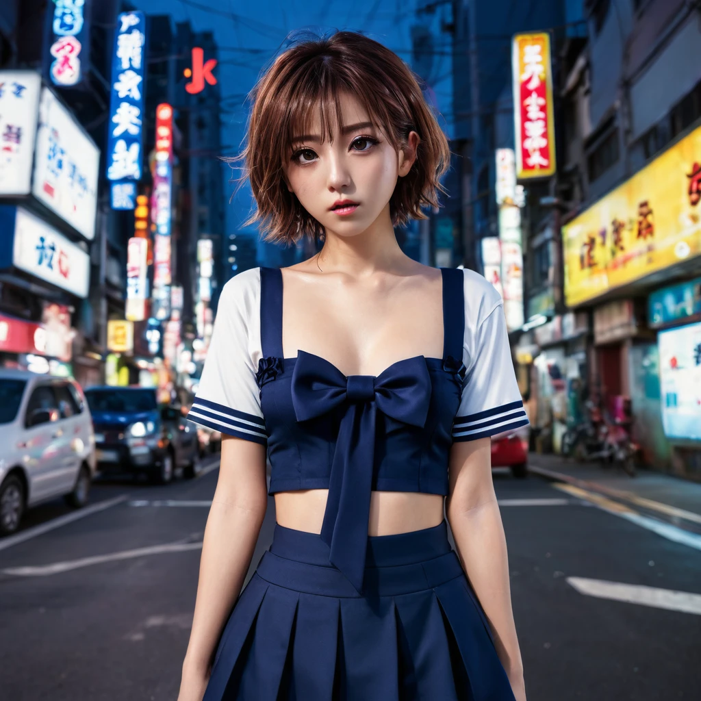 (8k, RAW photo, masterpiece:1.3), (realistic, photo-realistic:1.37), (night), (looking at viewer:1.331), (bloody hair), posing, Tokyo street, nightcityscape, cyberpunk city, soft light, nude girl, extremely beautiful face, bust, put down hands, Random hairstyle, Random expression, big eyes, lower abdomen, (short-sleeved .JK_shirt), JK_style, (dark blue short JK_skirt), (bow JK_tie), mix4., best quality