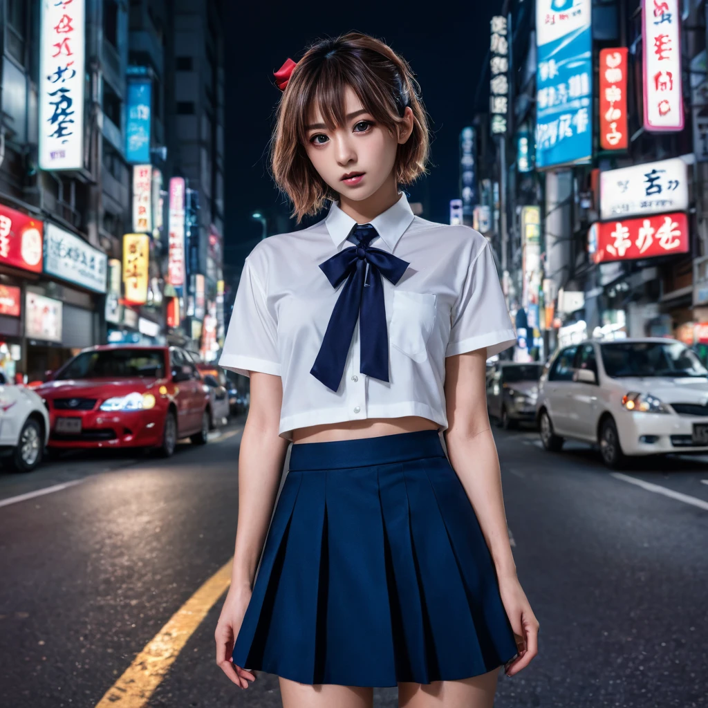 (8k, RAW photo, masterpiece:1.3), (realistic, photo-realistic:1.37), (night), (looking at viewer:1.331), (bloody hair), posing, Tokyo street, nightcityscape, cyberpunk city, soft light, nude girl, extremely beautiful face, bust, put down hands, Random hairstyle, Random expression, big eyes, lower abdomen, (short-sleeved .JK_shirt), JK_style, (dark blue short JK_skirt), (bow JK_tie), mix4., best quality