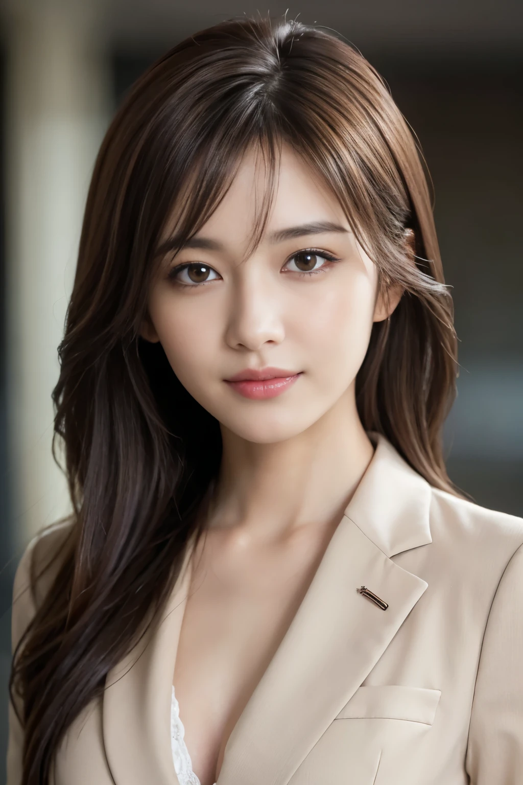 Tabletop, highest quality, Realistic, Very detailed, finely, High resolution, 8k wallpaper, 1 Beautiful Japan Woman, Light brown messy hair, Wearing a business suit, Sharp focus, Perfect dynamic composition, Beautiful and beautiful eyes, Thin Hair, Detailed Realistic skin texture, smile, Close-up portrait, Model Body Type, The background is white