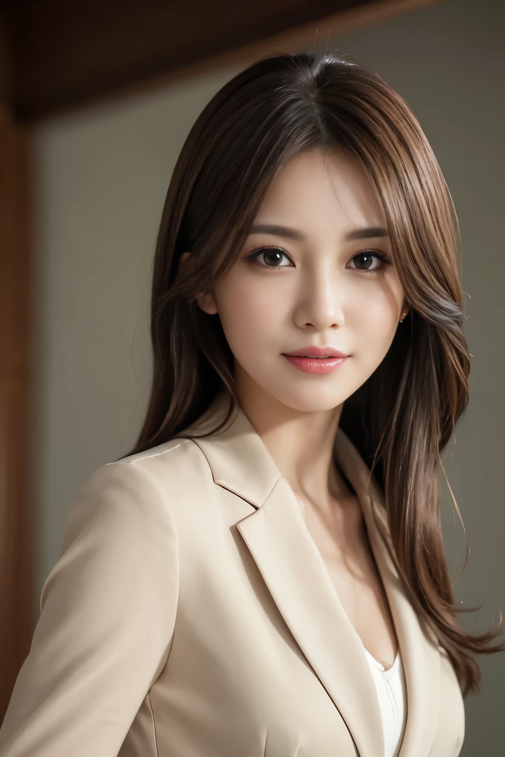 Tabletop, highest quality, Realistic, Very detailed, finely, High resolution, 8k wallpaper, 1 Beautiful Japan Woman, Light brown messy hair, Wearing a business suit, Sharp focus, Perfect dynamic composition, Beautiful and beautiful eyes, Thin Hair, Detailed Realistic skin texture, smile, Close-up portrait, Model Body Type, The background is white
