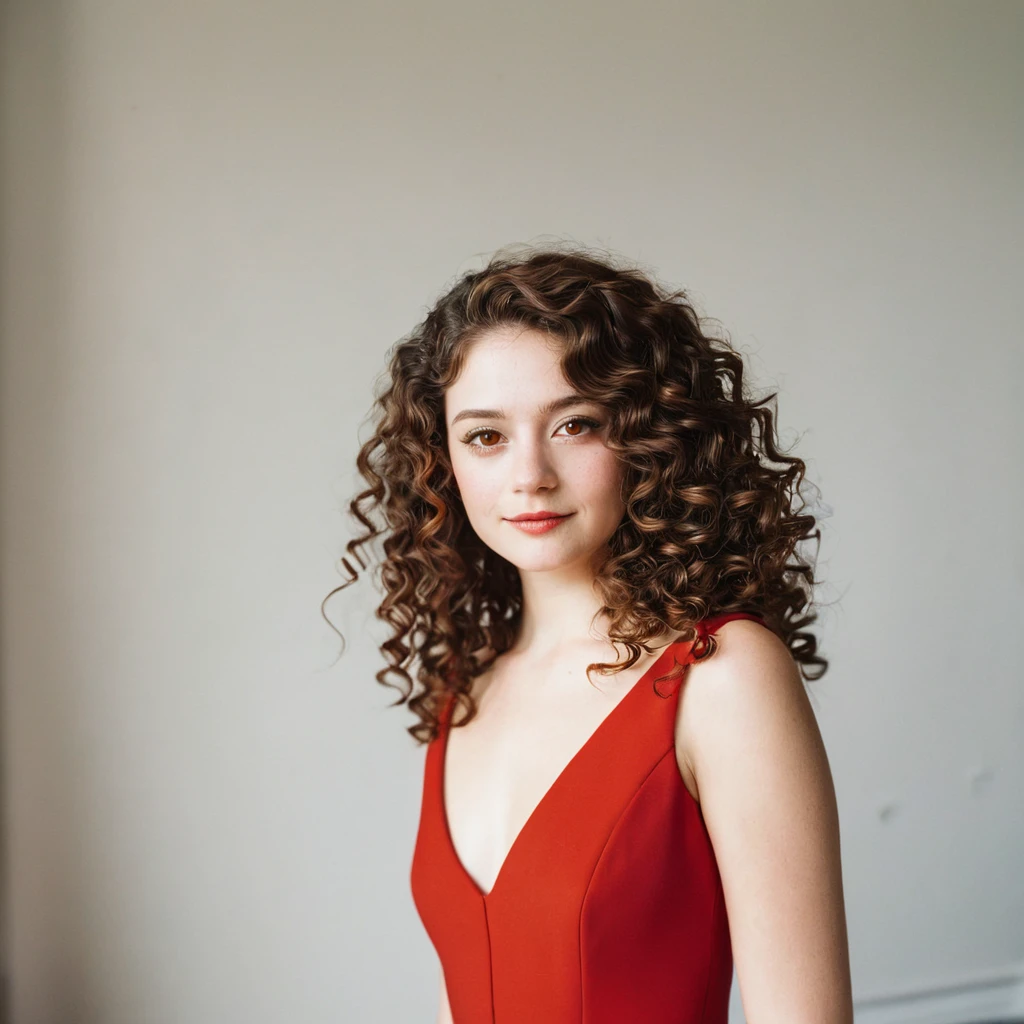 [white-skinned woman:1.2, long curly hair:1.2, elegant red dress, snub-nosed, bright brown eyes], portrait, VSCO filter: C8)