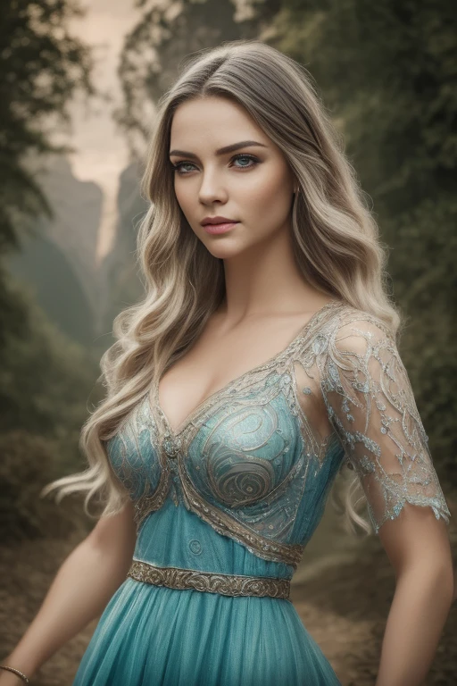 a sensual female elf, elven goddess, beautiful detailed eyes, beautiful detailed lips, extremely detailed face and portrait, long eyelashes, intricate detailed fantasy character, elegant flowing dress, dramatic lighting, cinematic composition, vibrant colors, fantasy landscape, glowing magical aura, ethereal, dreamlike, (best quality,4k,8k,highres,masterpiece:1.2),ultra-detailed,(realistic,photorealistic,photo-realistic:1.37)