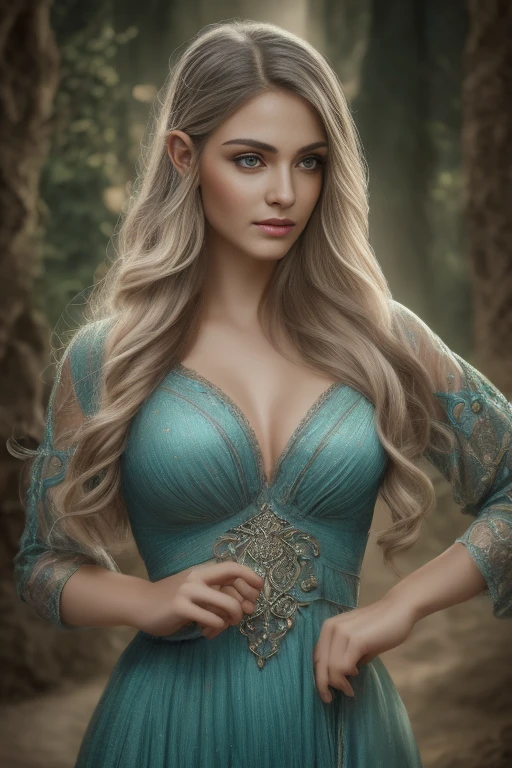 a sensual female elf, elven goddess, beautiful detailed eyes, beautiful detailed lips, extremely detailed face and portrait, long eyelashes, intricate detailed fantasy character, elegant flowing dress, dramatic lighting, cinematic composition, vibrant colors, fantasy landscape, glowing magical aura, ethereal, dreamlike, (best quality,4k,8k,highres,masterpiece:1.2),ultra-detailed,(realistic,photorealistic,photo-realistic:1.37)