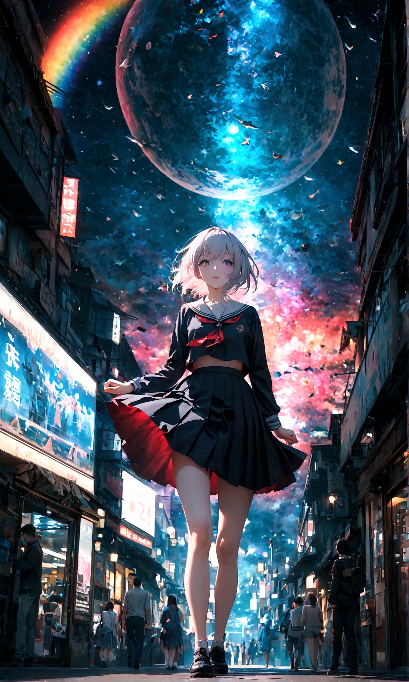 (woman\(student, 20-year-old, JK, Short silver hair floating, Space-colored eyes, school black uniform, Pale skin) Looking up at the sky), (A large glass-colored whale swims in the air), Beautiful sky, Beautiful Clouds, Colorful summer flowers are blooming everywhere., (Transparent bubbles shine like prisms here and there in the sky), There is a noon moon and a noon star in the sky, In a crowded downtown, break ,quality\(8k,非常に精細なCGユニットのwallpaper, masterpiece,High resolution,top-quality,top-quality real texture skin,Surreal,Increase the resolution,RAW Photos,最高quality,Very detailed,wallpaper,Cinema Lighting,Ray-tracing,Golden Ratio\),(Long Shot),Wide Shot,