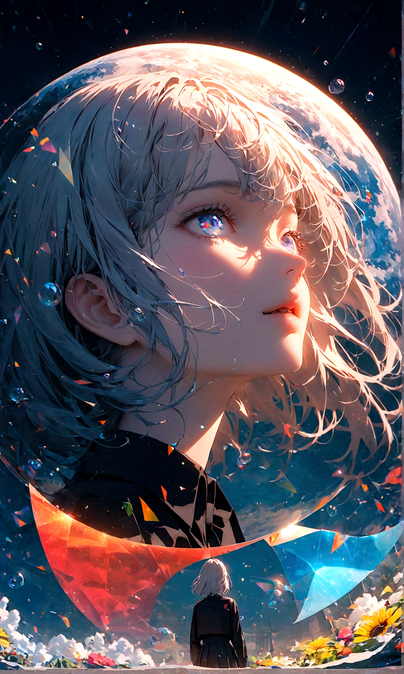 (woman\(student, 20-year-old, JK, Short silver hair floating, Space-colored eyes, school black uniform, Pale skin) Looking up at the sky), (A large glass-colored whale swims in the air), Beautiful sky, Beautiful Clouds, Colorful summer flowers are blooming everywhere., (Transparent bubbles shine like prisms here and there in the sky), There is a noon moon and a noon star in the sky, In a crowded downtown, break ,quality\(8k,非常に精細なCGユニットのwallpaper, masterpiece,High resolution,top-quality,top-quality real texture skin,Surreal,Increase the resolution,RAW Photos,最高quality,Very detailed,wallpaper,Cinema Lighting,Ray-tracing,Golden Ratio\),(Long Shot),Wide Shot,