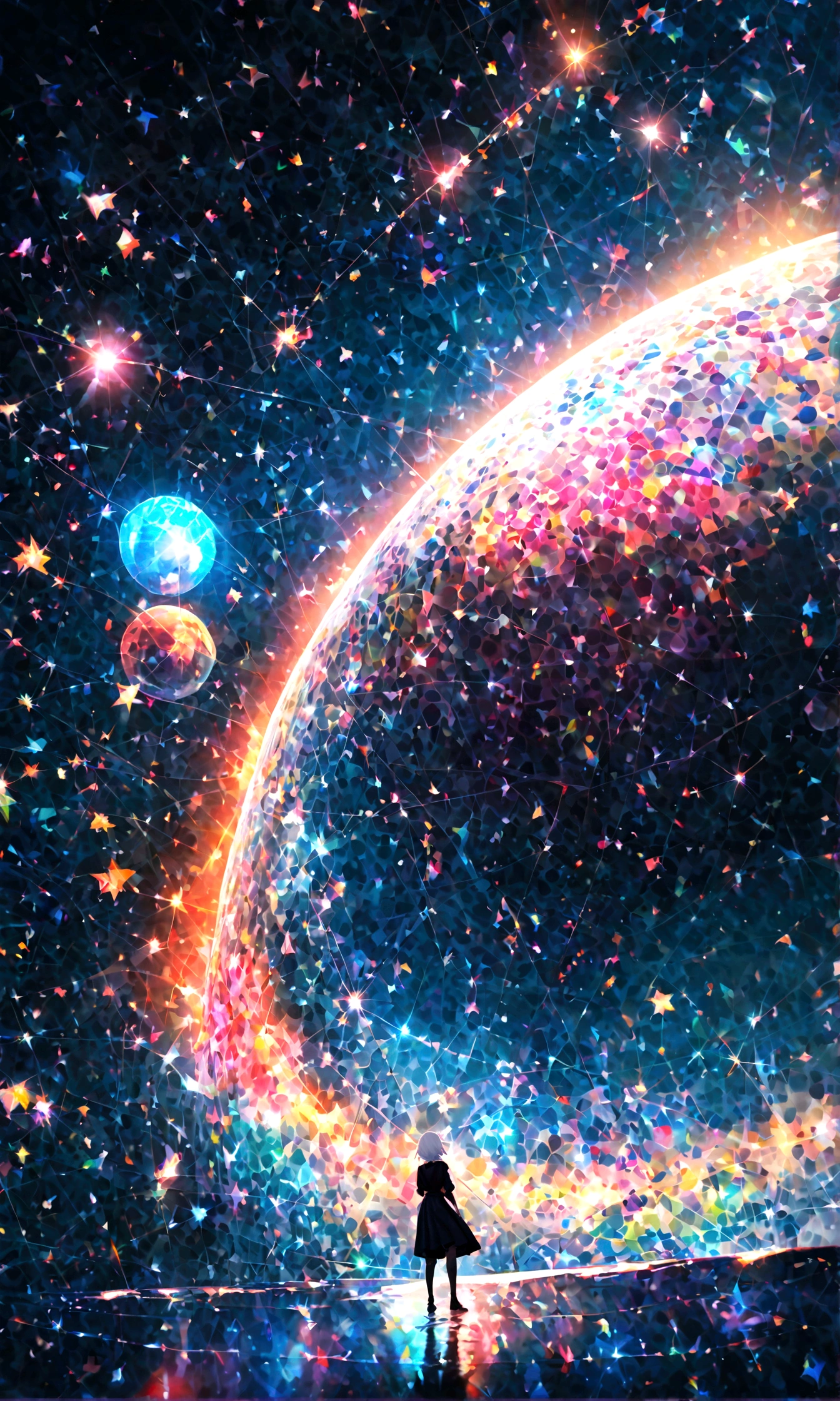 (woman\(student, 20-year-old, JK, Short silver hair floating, Space-colored eyes, school black uniform, Pale skin) Looking up at the sky), (A large glass-colored whale swims in the air), Beautiful sky, Beautiful Clouds, Colorful summer flowers are blooming everywhere., (Transparent bubbles shine like prisms here and there in the sky), There is a noon moon and a noon star in the sky, In a crowded downtown, break ,quality\(8k,非常に精細なCGユニットのwallpaper, masterpiece,High resolution,top-quality,top-quality real texture skin,Surreal,Increase the resolution,RAW Photos,最高quality,Very detailed,wallpaper,Cinema Lighting,Ray-tracing,Golden Ratio\),(Long Shot),Wide Shot,