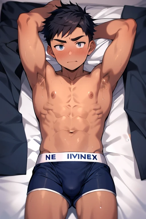 1boy, 19 years old, white open collared shirt, Embarrassed look, slender, sweaty, lying, Eyes Wide Open, , underarm hair, armpits, (small boxer briefs, Slight bulge in crotch, navy boxer briefs), pubic hair, (midnight, room), looking up, (detailed eyes), detailed skin, masterpiece
