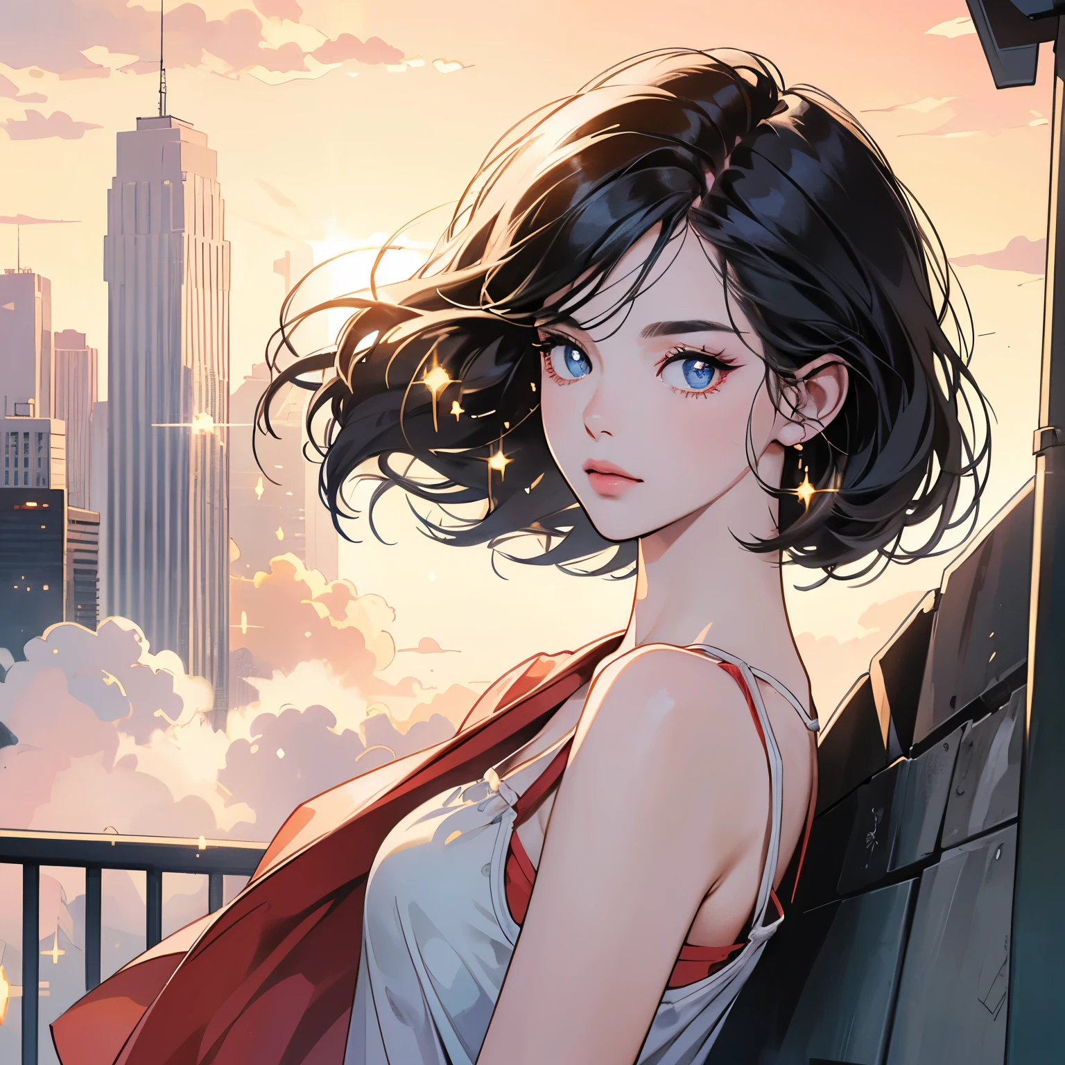 Upper body, 1 Woman, Top Quality, 14k, wind blowing, white camisole, sunset, skyscraper, power lines, crosswalk, sign,(((sparkling eyes))), (((mysterious))), Pale black hair, detailed hair, detailed background, top quality, light lighting, backlight, dim, clouds, front, looking at viewer backlight, dim, clouds, frontal face, looking at viewer, Very beautiful women, Noble,Apartment balcony,(((Various angles))),Short hair