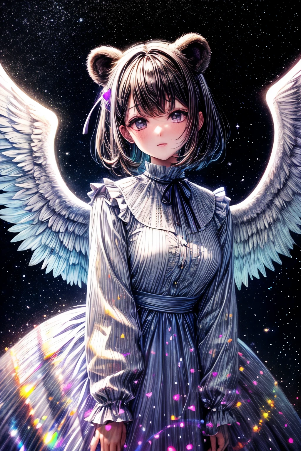 ((worst quality, low-quality)), ((black Bear-eared chemomimi girl)), (pure white dress), ((Black short hair, purple inner color)), plump shiny lips, Beautiful clear purple eyes, Spoken Heart, Leaning forward, ((big angel wings)), and an angel ring that emits neon light, (stained glass background), ((Shining sunlight)), (light Particle, light glow, llight rays:1.4), masutepiece,Best Quality,ultra-detailliert,