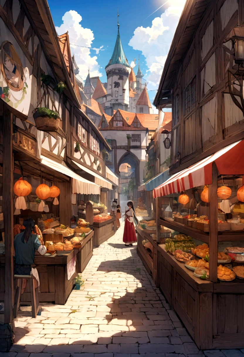 ((((masterpiece, Best Quality, High resolution)))), High detail, manga,anime,Illustrated style,Use of bright colors,Ghibli Studio「Howl's Moving Castle」The colors are like those used in daytime scenes.,Medieval European fantasy worldview, Christmas Market Square during the day, Festival scene in the square, There is a beautiful fountain in the center、Sparkling water gushes out in the sunlight., Large space, Bustling food stalls,Many food stalls are lined up,There aren't many people,人の着ている服はGhibli Studioの魔女の宅急便のような雰囲気, RPG-like scenery, Colorful tent stalls.Delicious food is on sale, The sky is bright blue、Fluffy white clouds floating, And the sun is shining brightly, Create a magical and cozy atmosphere.