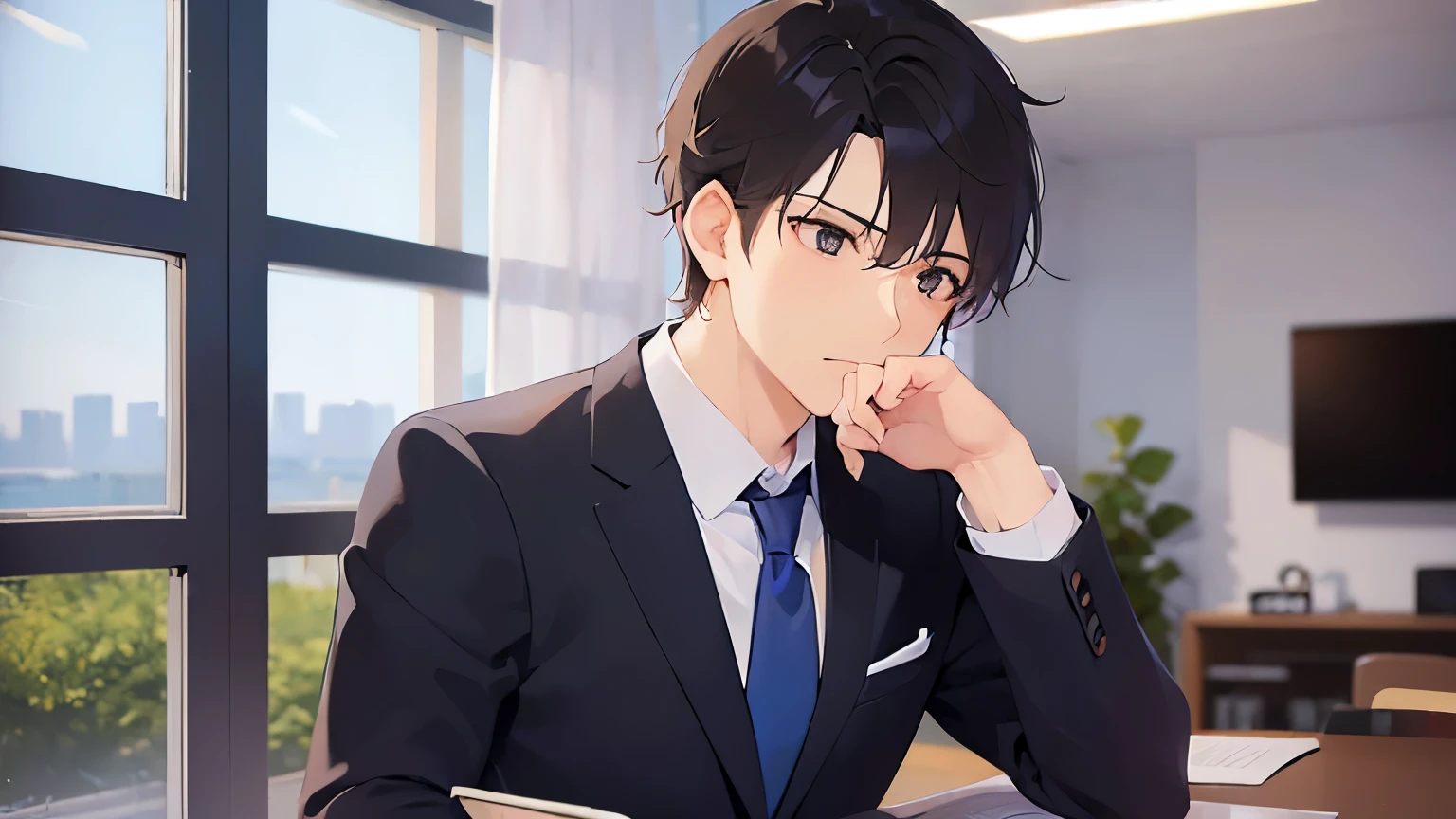(looking away:1.5),Taking notes、upper body、masterpiece、highest quality、BREAK (25-year-old male:1.5) and (brown short hair) and (Green Eyes) BREAK (suit:1.5) and (Blue tie)、Sitting、Serious expression, Background is an office room、alone、Upper body is shown